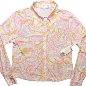 BP Mesh Button Down Shirt Small Pink Abstract Swirl Retro Sheer NWT